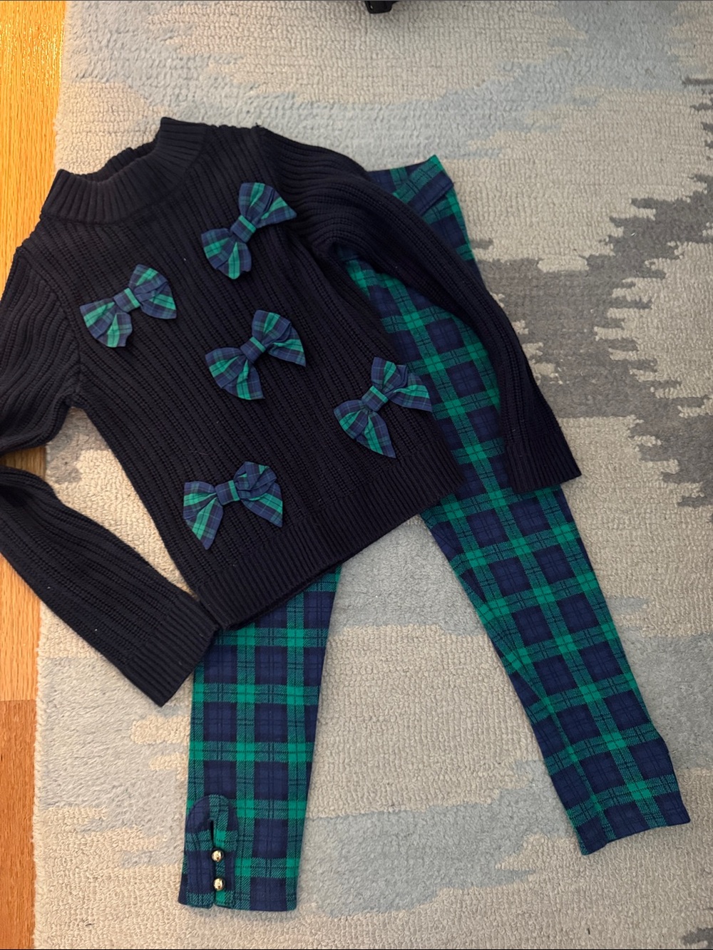 Janie & Jack Navy Bow-Appliqué Sweater with Green & Navy Plaid Leggings sz 5